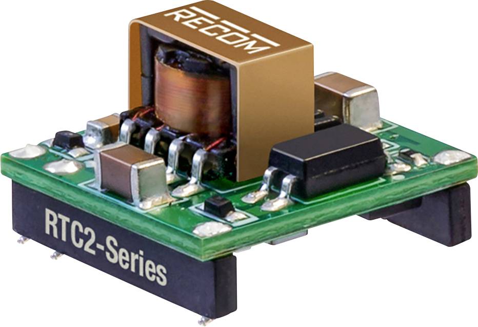Elektronický modul s označením 'RTC2-Series' a firemným logom 'RECOM'. Zobrazuje komponenty na zelenej doske plošných spojov.