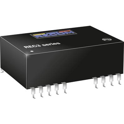 Čierna elektronická súčiastka série REC3 od RECOMu s viacerými pripájacími kolíkmi na spodnej strane.
