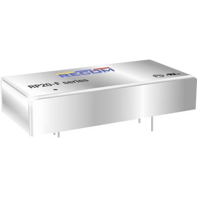 Obdĺžnikový kovový kryt s nápisom 'RECOM RP20-F series'. Elektronická súčiastka s tromi vývodmi na spodnej strane.