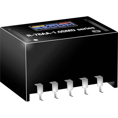 Regulátor napätia série RECOM R-78AA-1.0SMD, čierne púzdro, šesť strieborných vývodov, pre elektronické obvody.