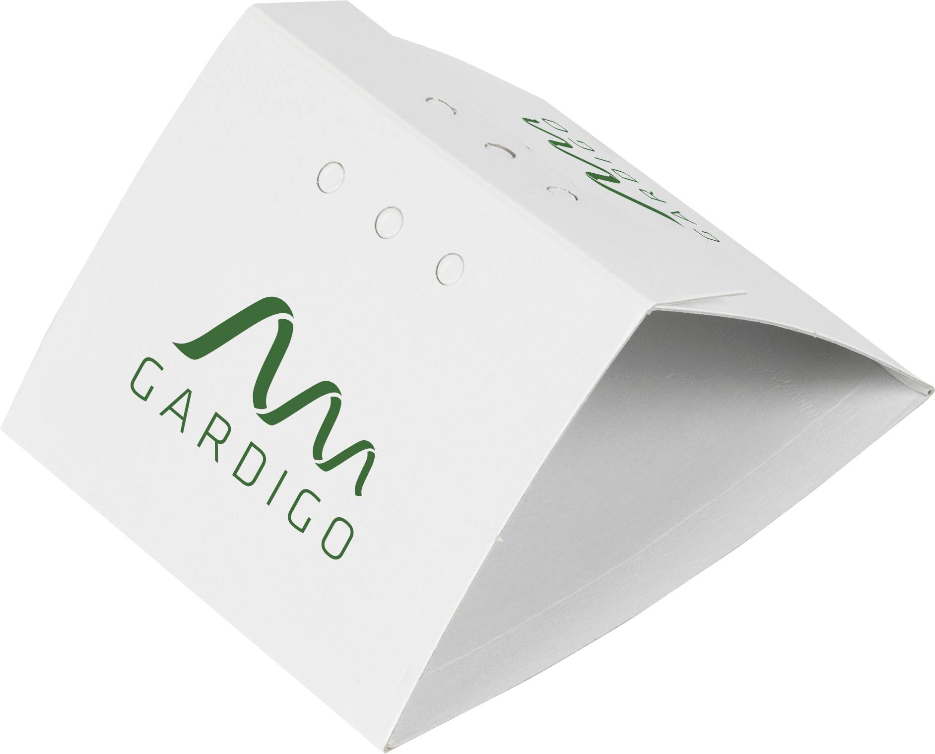 Biely papierový stojan s logom 'Gardigo' v zelenej farbe.