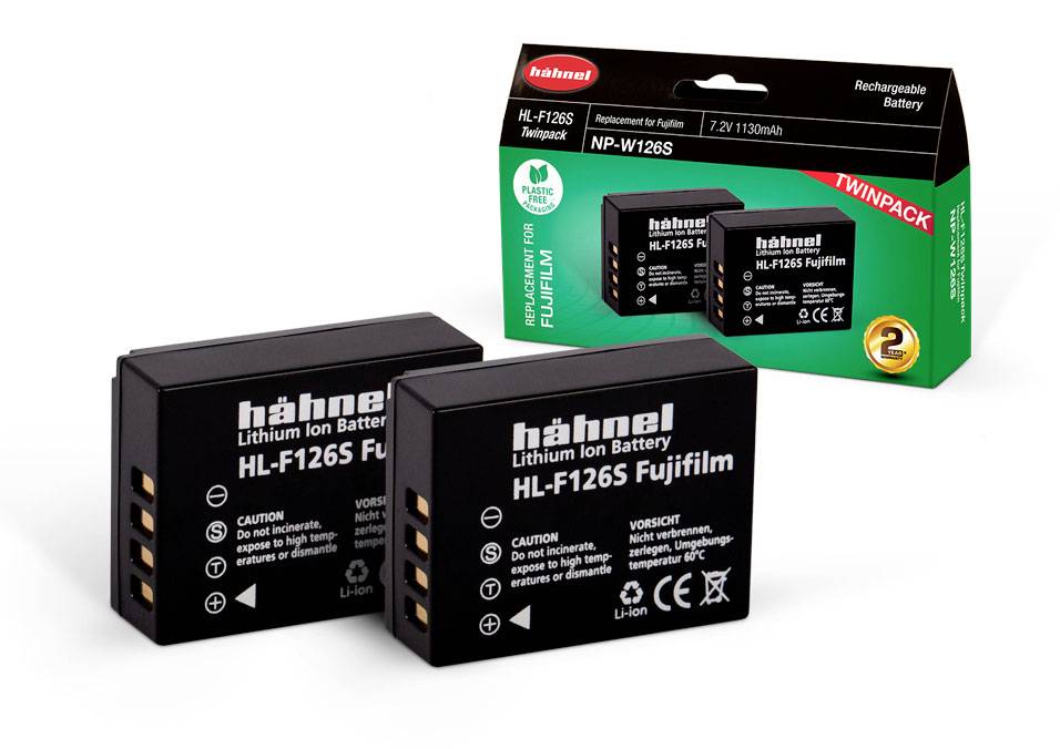 Dva akumulátory Hähnel HL-F126S s lítiovo-iónovou technológiou v balení. Vhodné pre fotoaparáty Fujifilm. Balenie je označené nápisom 'TWINPACK'.