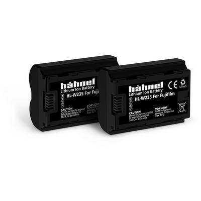 Dve čierne lítiovo-iónové batérie Hähnel, model HL-W235, vhodné pre fotoaparáty Fujifilm.