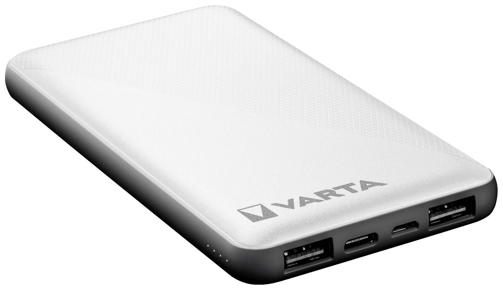 Biela powerbanka značky Varta s viacerými USB portami na bielom pozadí.