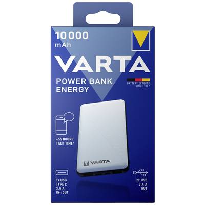 'VARTA Power Bank Energy', 10.000 mAh, 55 hodín hovoru, 1x USB Type C 3.0A, 2x USB 2.4A výstupy, v modrom balení.