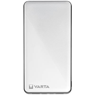 Biela powerbanka s logom 'VARTA' v ľavom dolnom rohu, mriežkovitá textúra napravo.