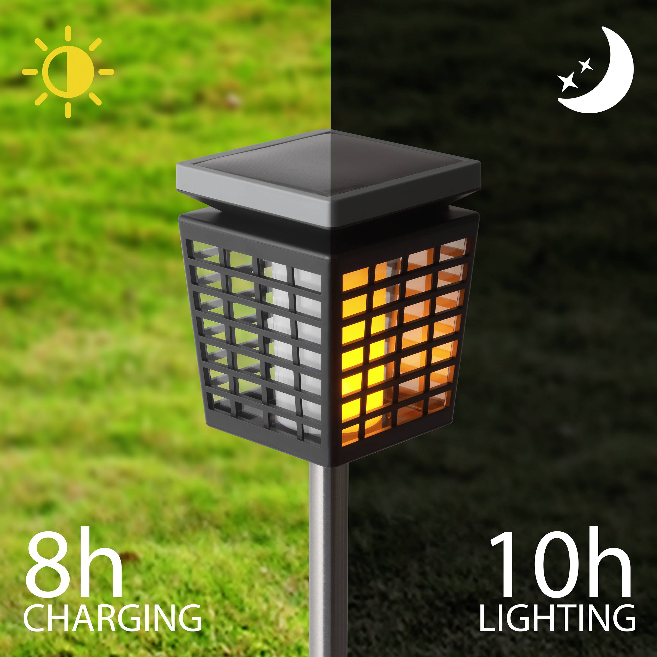 Solárna lampa vľavo znázorňuje 8 hodín nabíjania na slnečnom svetle a vpravo 10 hodín svietenia v tme so symbolom mesiaca.