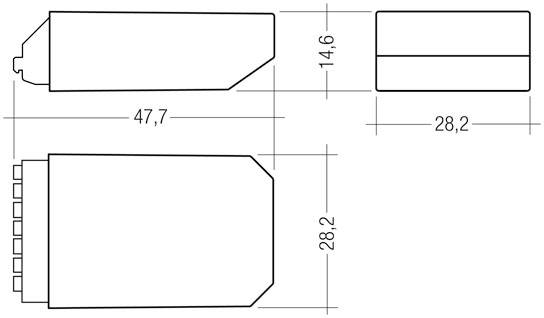 Technický výkres obdĺžnikového dielu s rozmermi: dĺžka 47,7 mm, výška 28,2 mm, hĺbka 14,6 mm. Pohľad zhora a z boku.