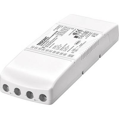 Obdĺžnikový, biely LED driver s viacerými konektormi na prednej strane. Technické informácie a názov výrobcu sú vytlačené na povrchu.