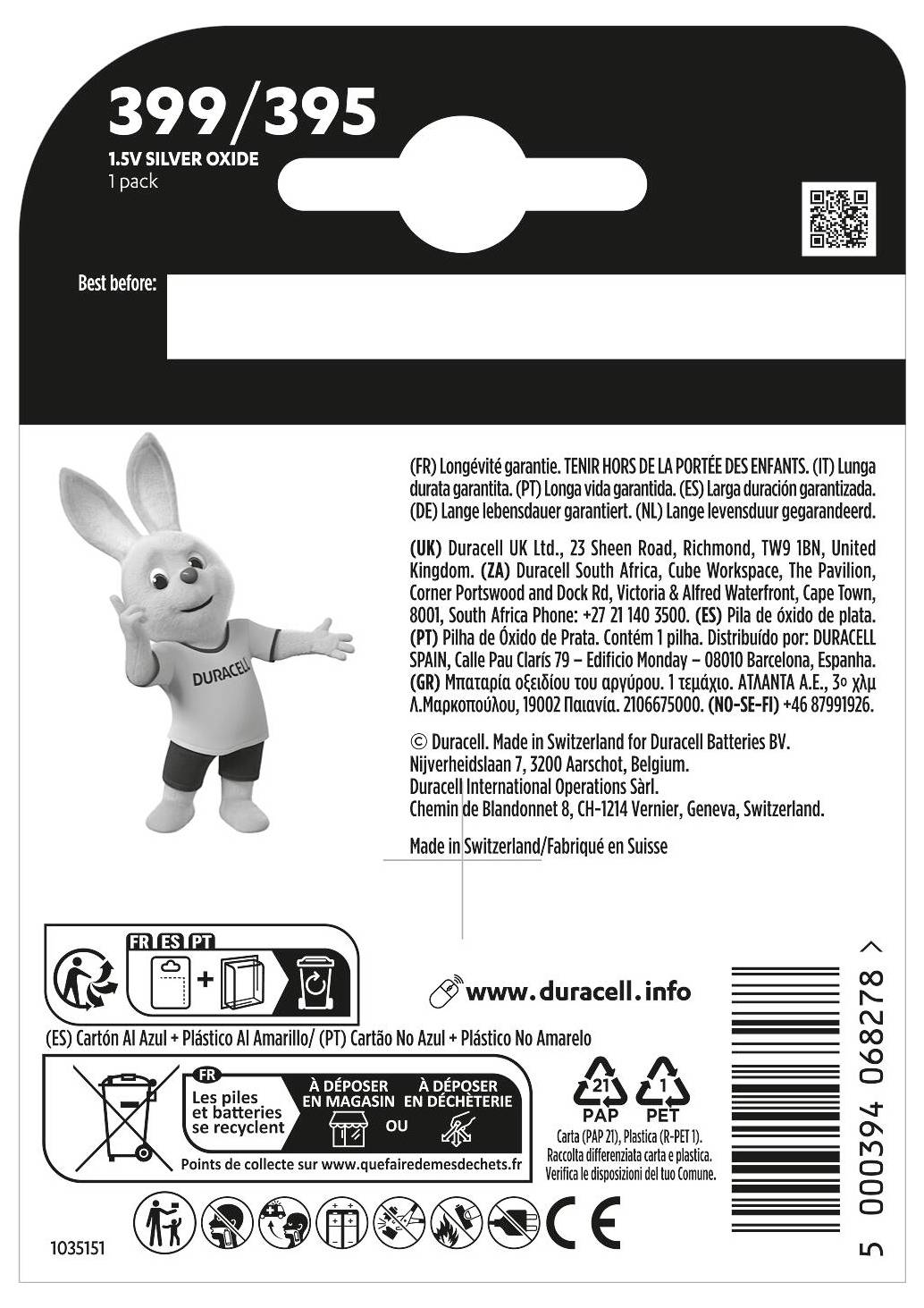 Zadná strana balenia "Duracell Silver Oxide Battery" s figúrkou králika. Obsahuje podrobnosti o produkte, viacjazyčné záruky a informácie o recyklácii.