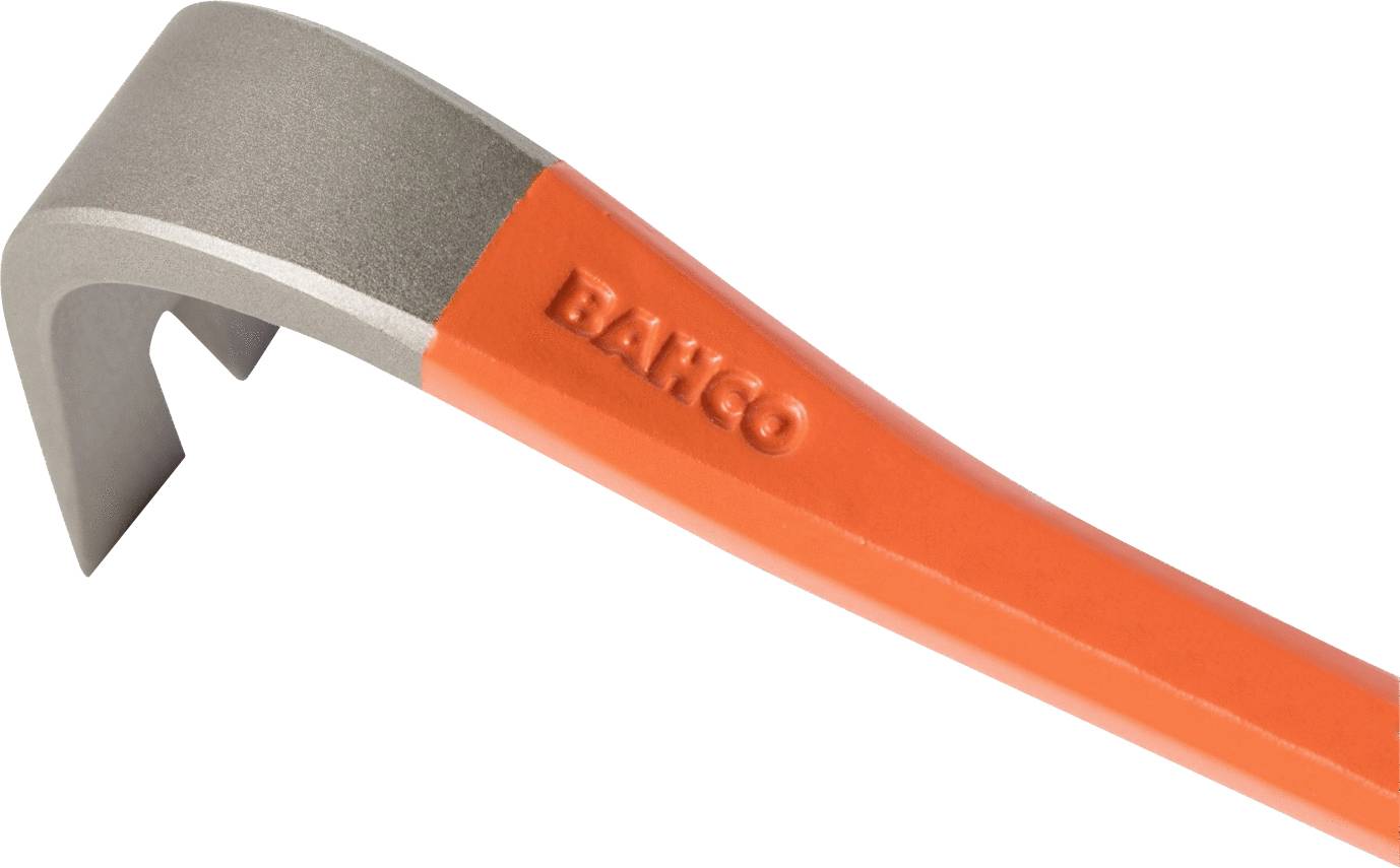 Páčidlo s oranžovou rukoväťou a nápisom 'BAHCO', používané na páčenie a vyťahovanie klincov.
