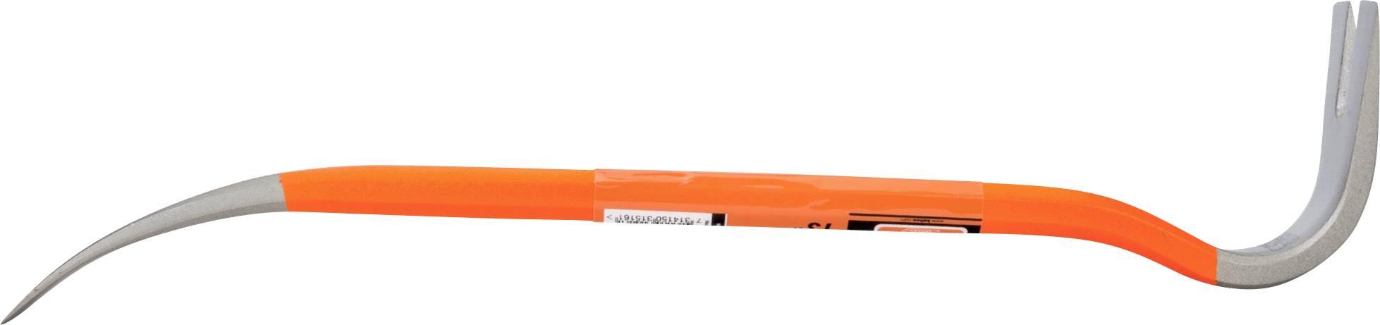 Na bielom pozadí leží oranžovo-strieborná páčidlo. Má dva zakrivené konce, jeden z nich je plochý, druhý špicatý.