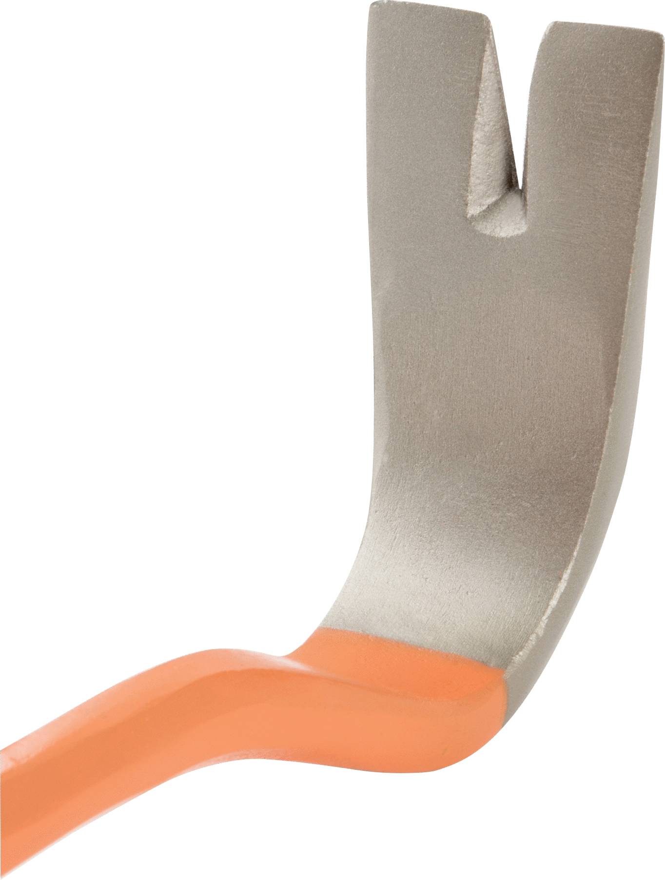 Detailný záber páčidla s oranžovou rukoväťou a strieborným hrotom. Hrot má tvar V, čo umožňuje páčenie alebo vyťahovanie klincov.