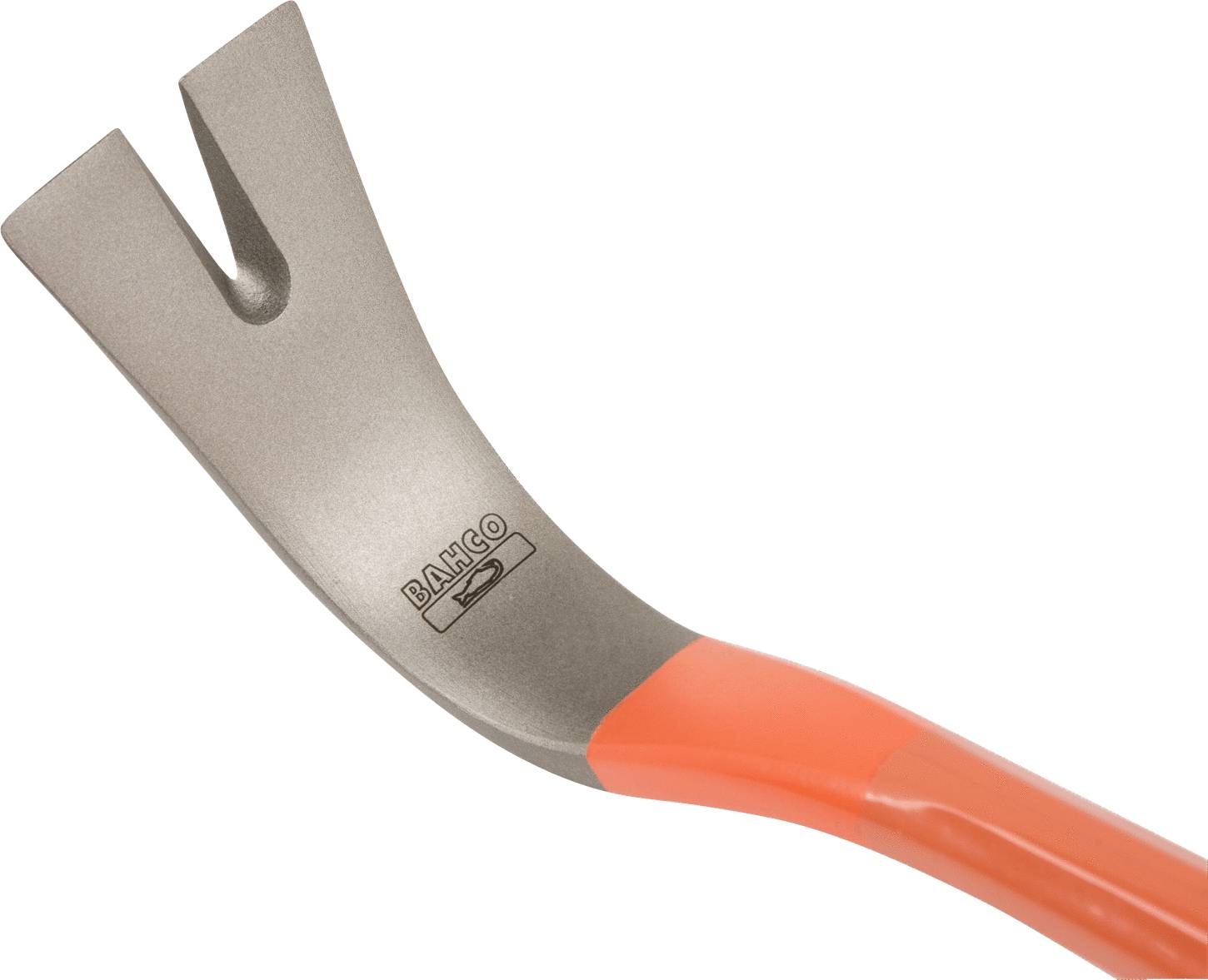 Páčidlo s oranžovým povlakom na rukoväti a V-čepelou na vyťahovanie klincov alebo páčenie.