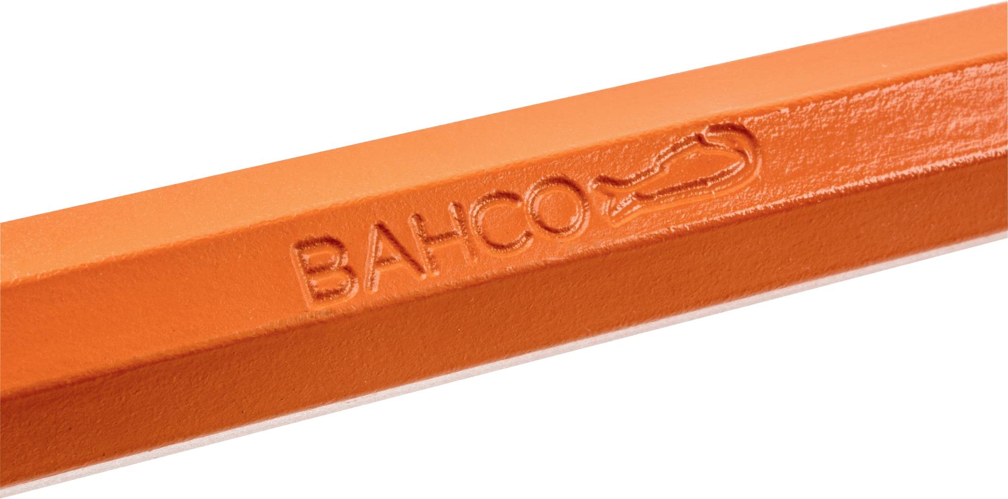 "Ceruzka s razením "BAHCO" a symbolom ryby, sfarbená do oranžova."