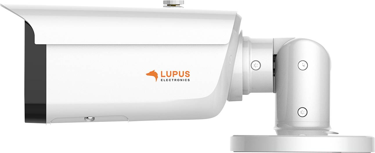 Strieborná bezpečnostná kamera od spoločnosti Lupus Electronics, namontovaná na bielom držiaku, viditeľná z bočnej strany.