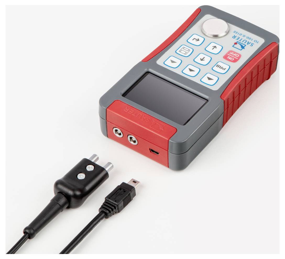 Prenosné meracie zariadenie s displejom a ovládacími tlačidlami, prepojené čiernym káblom s USB a koaxiálnymi konektormi.