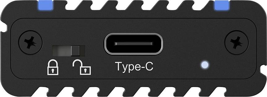 USB-C port na externom zariadení so symbolmi zaisťovania, prepínačom a stavovou LED.