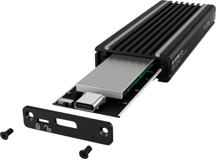 Externý SSD box s otvoreným krytom zobrazuje voľne uloženú SSD disk a konektory. Vedľa ležia dva skrutky.