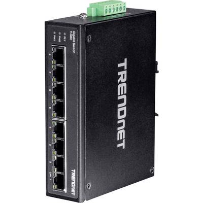 Gigabitový prepínač TRENDnet TI-G80 s ôsmimi ethernetovými portami a zeleným sieťovým konektorom. Kompaktné, čierne púzdro pre sieťové pripojenia.