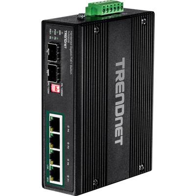 Priemyselný Ethernet Gigabit switch od TRENDnet s PoE funkciou, piatimi portami a robustným, čierno rebrovaným krytom.