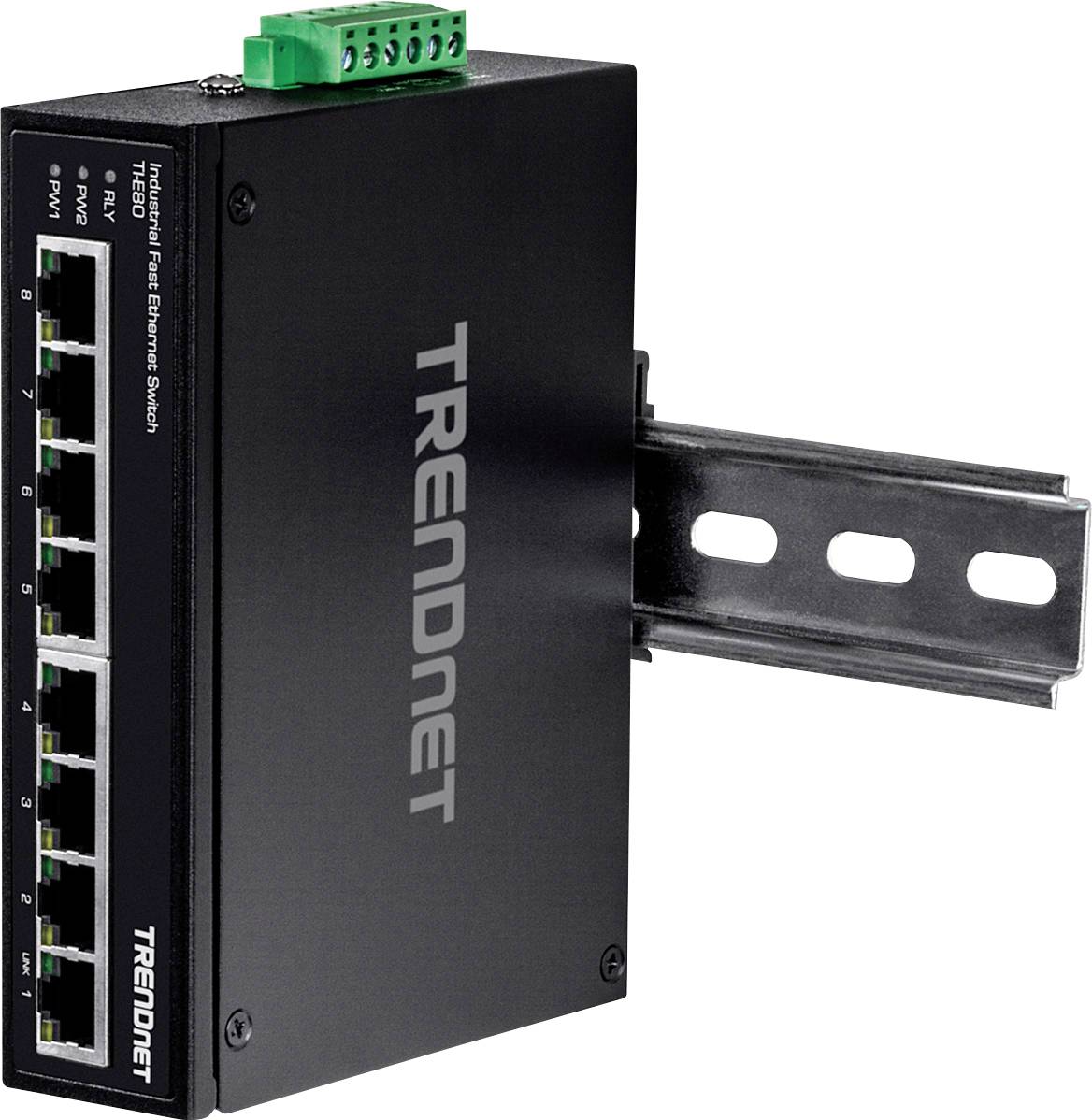 Čierny ethernetový prepínač TRENDnet s viacerými RJ-45 portami a zeleným pripájacím blokom pre montáž na DIN lištu.