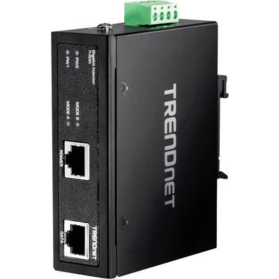 Čierny priemyselný gigabitový injektor TRENDnet TI-PG102B s dvoma RJ-45 portami pre PoE pripojenia, vhodný pre sieťové zariadenia.