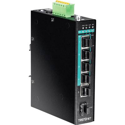 Čierny priemyselný sieťový switch s piatimi ethernetovými portami a zelenou LED indikáciou, vhodný pre robustné aplikácie.