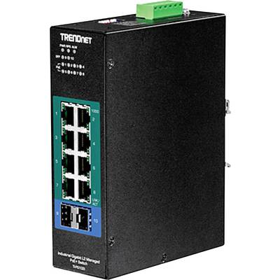 Čierny sieťový switch TRENDnet s viacerými ethernetovými portami, vhodný pre priemyselné použitie. Model: TI-PG1284i.