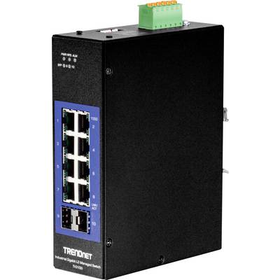 Čierny priemyselný sieťový switch od TRENDnet s viacerými ethernetovými portami a zelenou pripojovacou svorkou na vrchu.
