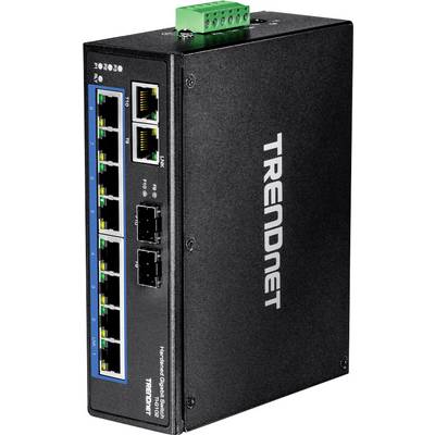 Sieťový prepínač Trendnet s 8 gigabitovými portami a 2 optickými portami, robustný čierny dizajn, vhodný pre sieťovú infraštruktúru.