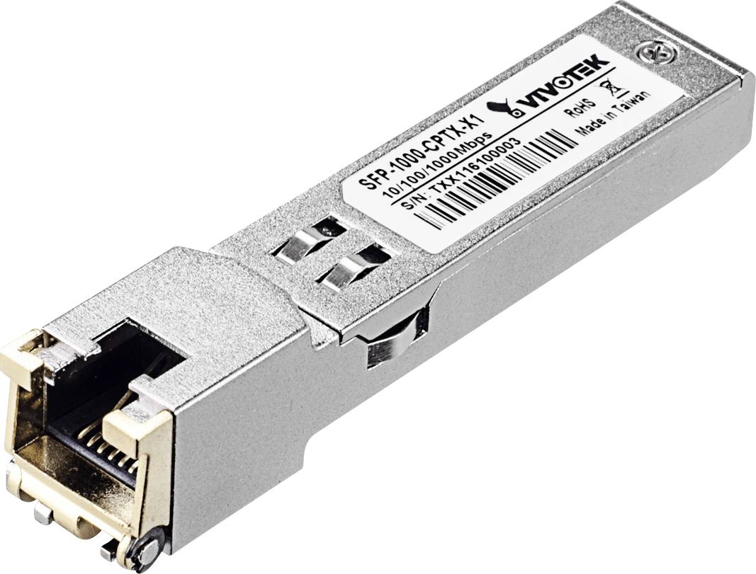 Obdĺžnikový strieborný sieťový modul, označený ako 'SFP-1000-CPT-I+1', s ethernetovým portom na ľavej strane.