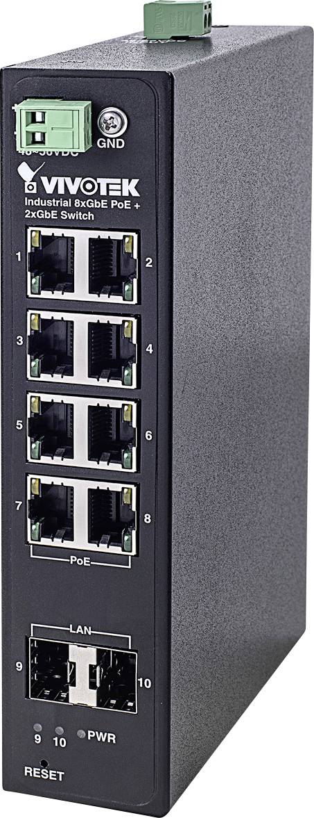 Priemyselný Ethernet PoE switch so 8 portami, značky Vivotek. Ideálny pre siete v náročných podmienkach.