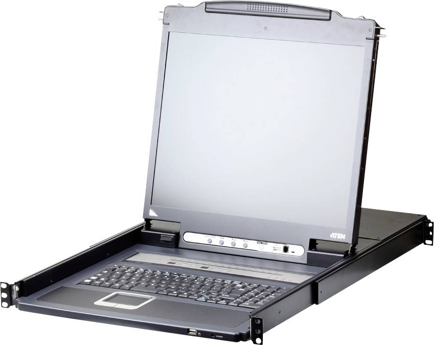 Notebook je integrovaný do serverovej skrine. Zariadenie je otvorené a zobrazuje klávesnicu a touchpad. Ideálne pre IT údržbu.