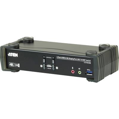 2-portový USB 4K DisplayPort KVM prepínač od značky ATEN. Má konektory pre audio a USB a umožňuje ovládanie dvoch počítačov.