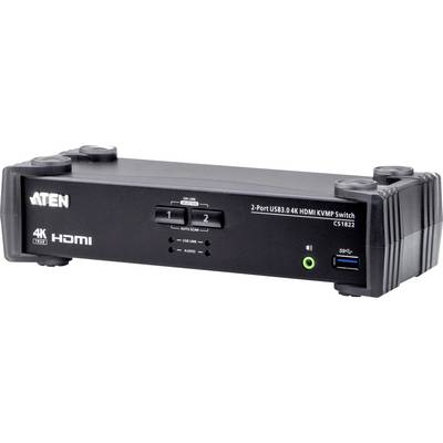 2-portový USB 3.0 4K HDMI KVM prepínač, model CS1822 od spoločnosti ATEN, ukazuje predné konektory a ovládacie tlačidlá na ovládanie.
