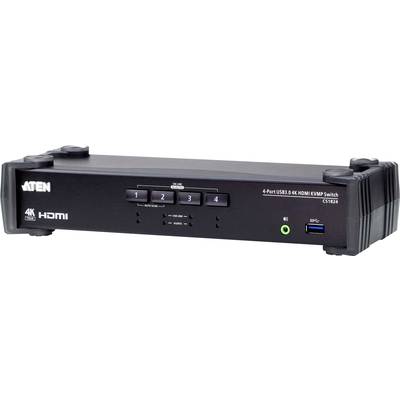 Čierny 4-portový HDMI prepínač s tlačidlami '1', '2', '3', '4' na prednej strane; pre 4K video prenos, USB port viditeľný.