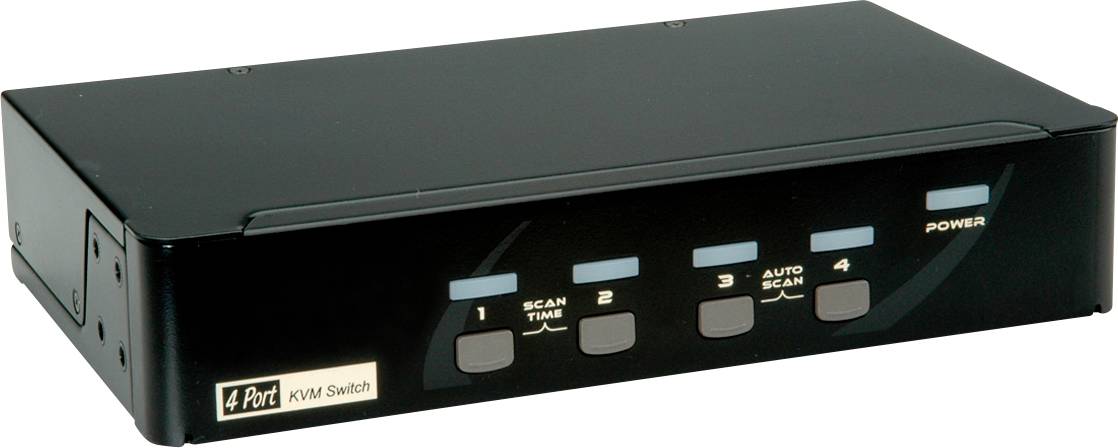 Čierny 4-portový KVM prepínač s tlačidlami pre 'Scan', 'Automatické skenovanie', porty 1 až 4 a indikátor napájania na prednej strane.