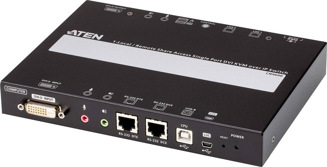 Čierne zariadenie s konektormi pre počítač, monitor (DVI), audio a sieť (RJ-45), označené 'ATEN'.