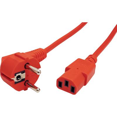 Červený sieťový kábel so Schuko zástrčkou na IEC C13 zásuvku, bežne používaný pre počítače a elektrické zariadenia.