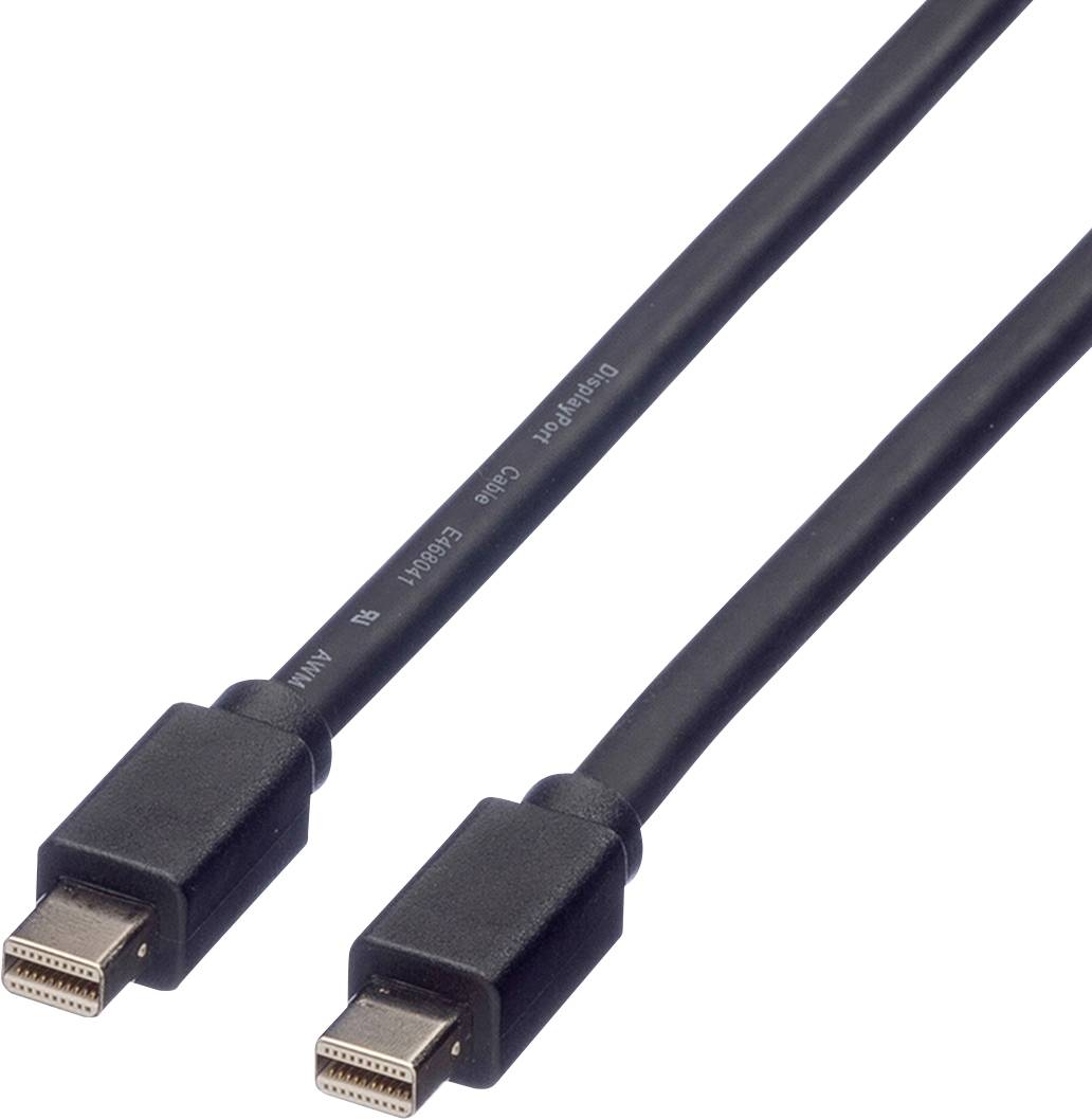 Dvojpólový čierny mini DisplayPort kábel so zástrčkami na oboch koncoch, vhodný pre prenos digitálnych video a audio signálov.