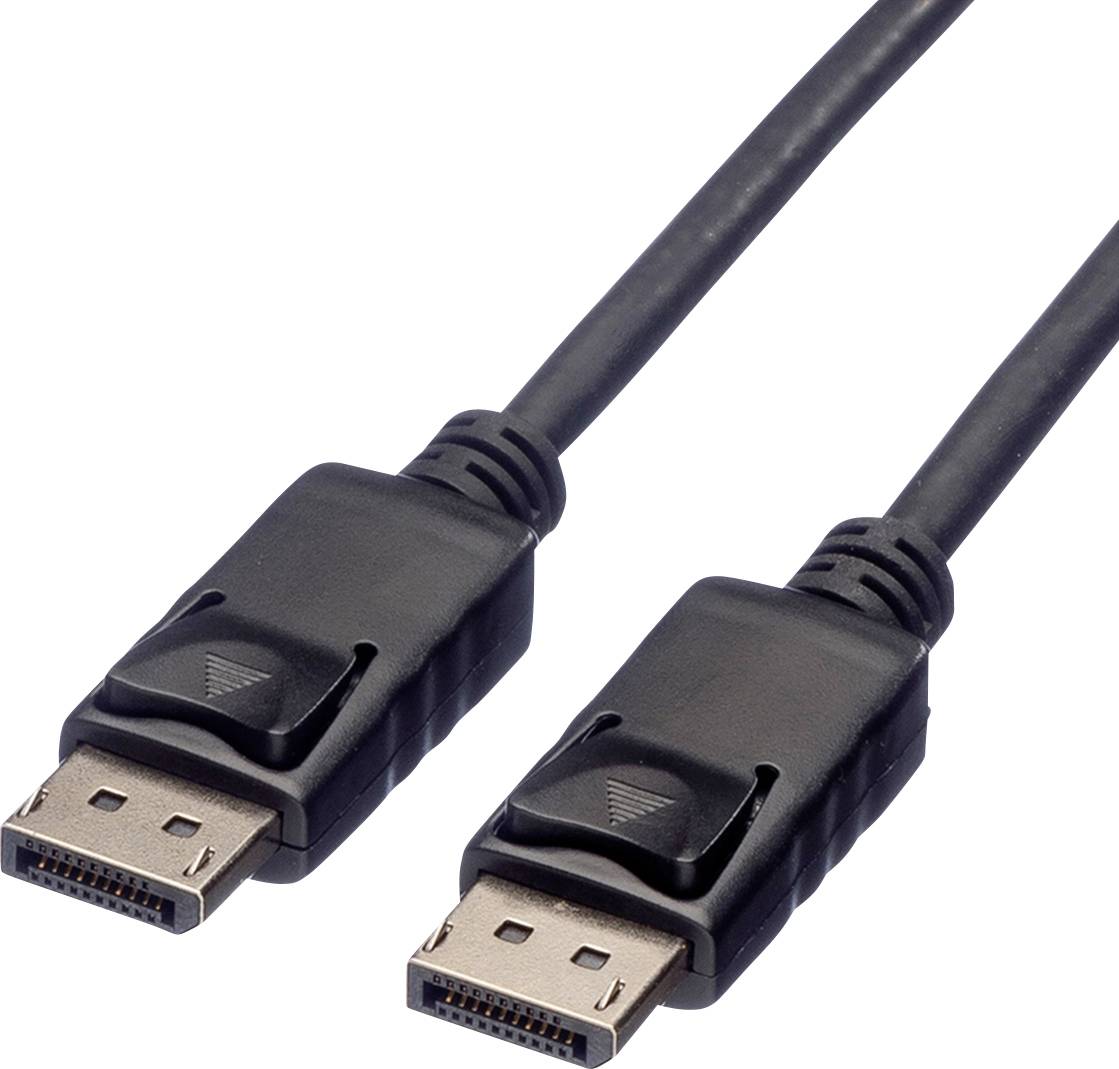 Dva čierne DisplayPort káble so zástrčkami, ktoré sa používajú na prenos audio a video signálov medzi zariadeniami.