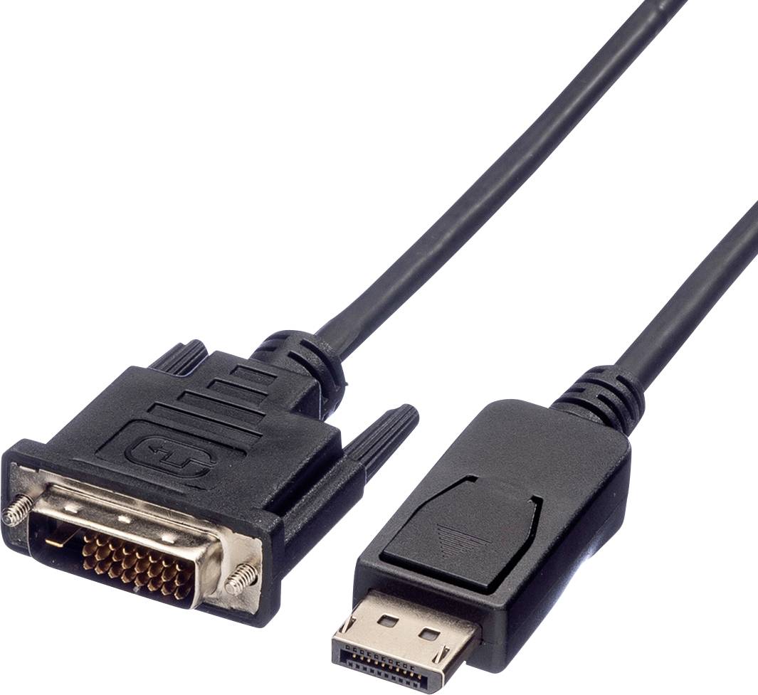 DVI-na-DisplayPort kábel: Čierny kábel s obdĺžnikovými koncovkami na prepojenie grafických kariet s monitormi.