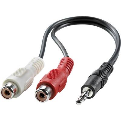 RCA-do-jack audio adaptérový kábel, jeden biely a jeden červený RCA konektor prepojený s jedným čiernym jack konektorom.