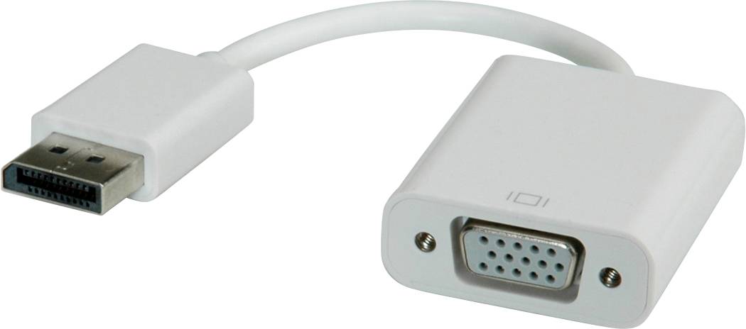 Biely DisplayPort na VGA adaptér s VGA výstupom a pripájacím káblom DisplayPort. Vhodný pre monitory a projektory.