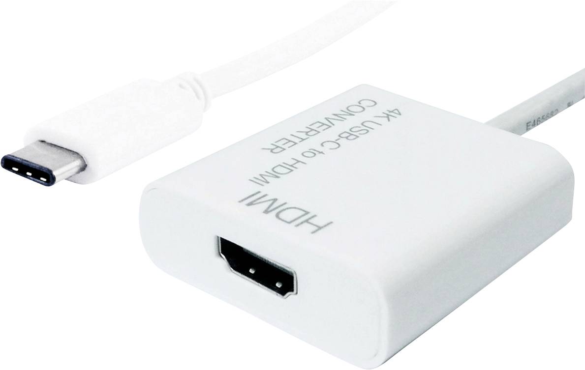 Adaptér USB-C na HDMI, biely, umožňuje pripojenie zariadení s USB-C k displejom s HDMI pre video a audio výstup.