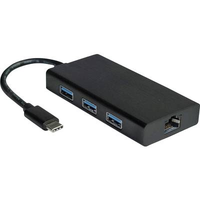 Čierny USB-C hub s tromi USB-A portami a ethernetovým portom, vhodný pre pripojenie viacerých zariadení k počítaču.