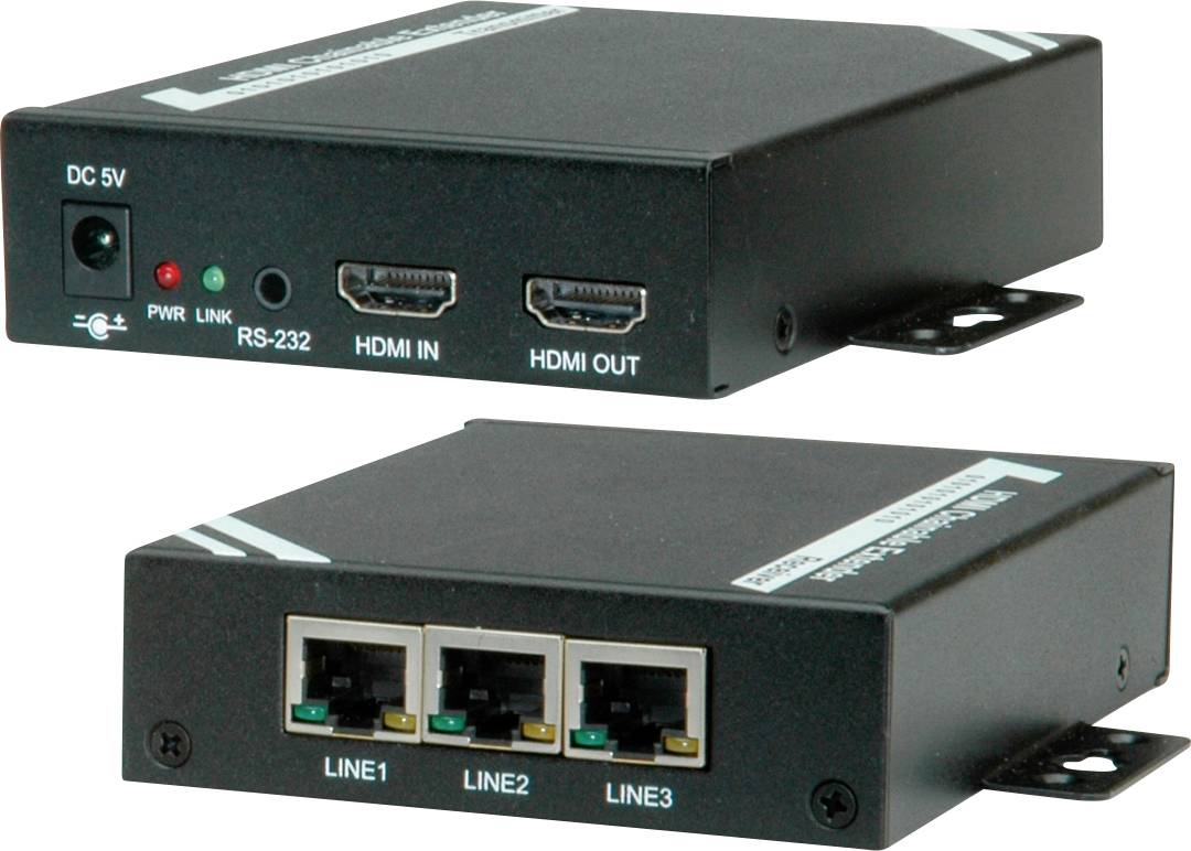 Čierne HDMI distribučné zariadenie s konektormi: DC 5V, RS-232, HDMI In, HDMI Out a tri LAN porty označené ako Line 1, 2, 3.