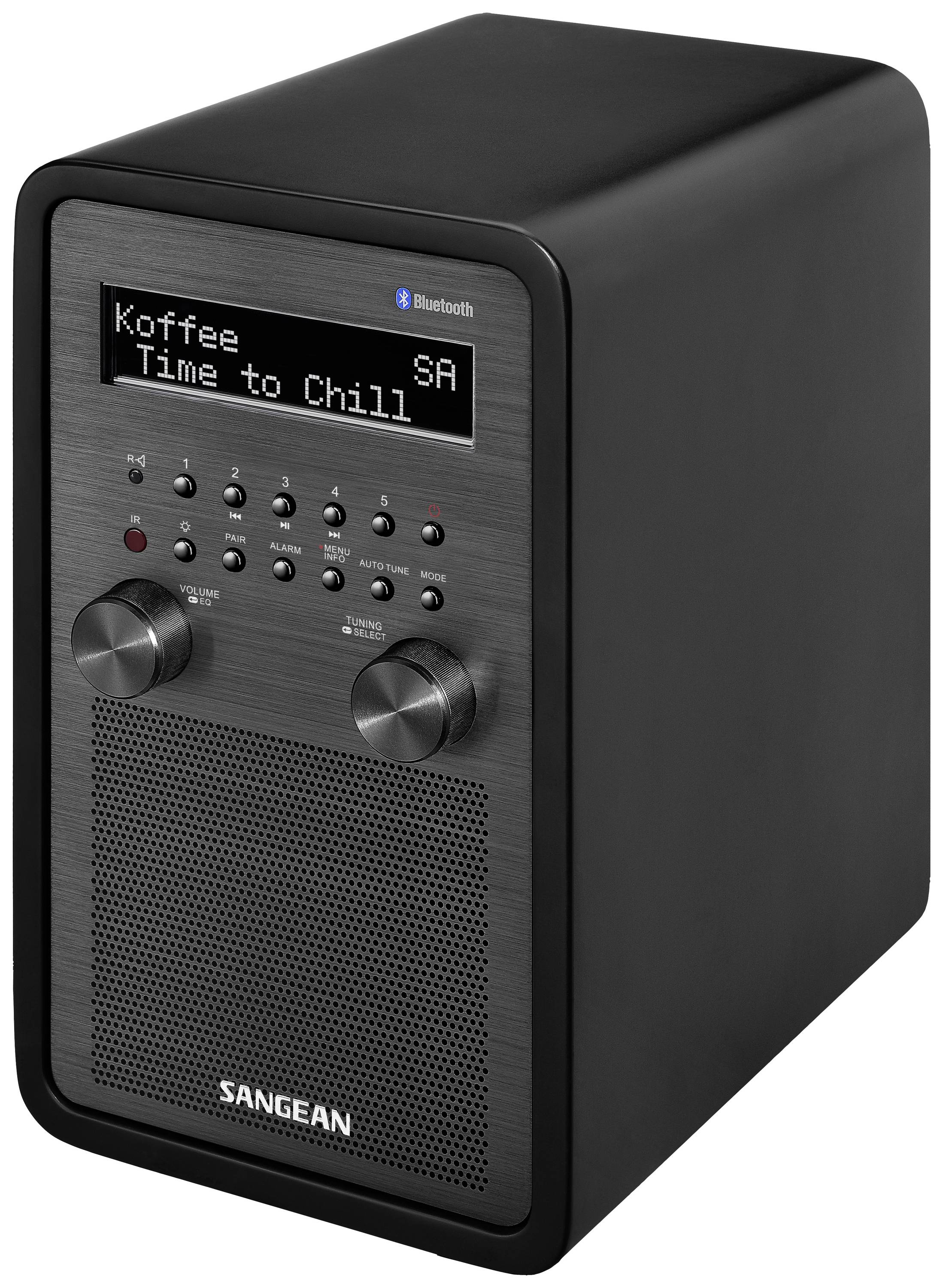 Digitálne rádio s displejom 'Koffee Time to Chill', dvoma reproduktormi a otočnými gombíkmi na prednej strane; s podporou Bluetooth.