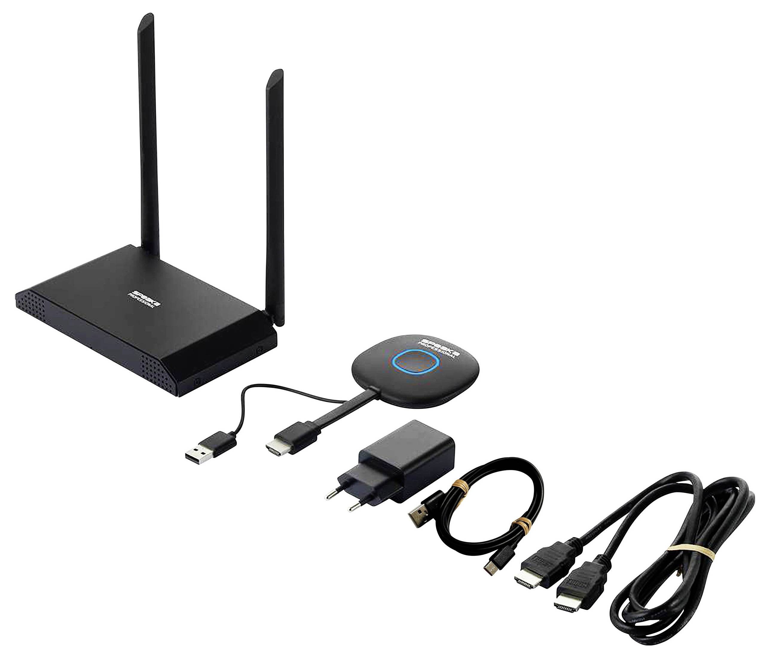 Smerovač WLAN s dvoma anténami, jeden prijímací prístroj, napájací adaptér a rôzne káble. Komponenty bezdrôtového prenosového systému.